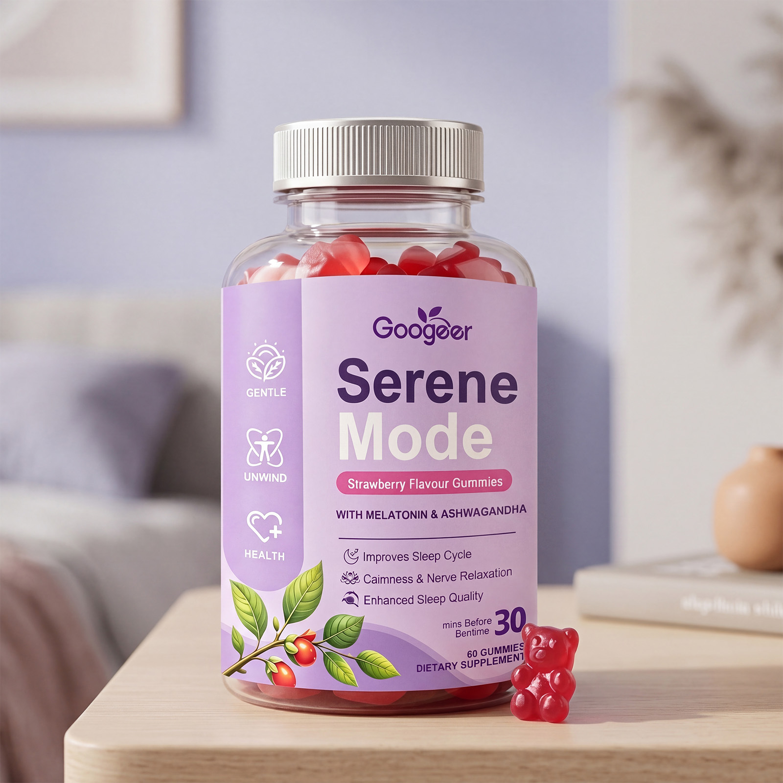 Вкусные клубничные жевательные конфеты Serene Mode Calm с мелатонином и ашвагандой для ночного расслабления и ежедневной поддержки хорошего самочувствия